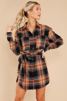 Plaid Chest Pocket Shirt Mini Dress with Belt Fall Collared Mini Dress With Pockets, Plaid Long Sleeve Dress With Pockets, Plaid Long-sleeve Dresses With Pockets, Collared Mini Dress With Pockets For Fall, Long Sleeve Plaid Dress With Pockets, Brown Short Sleeve Shirt Dress For Fall, Plaid Long Sleeve Mini Dress For Day Out, Casual Long Sleeve Plaid Mini Dress, Long Sleeve Plaid Dress