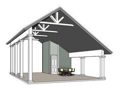 a drawing of a garage with two cars parked in front of it and an awning on the roof