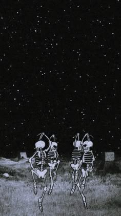 two skeletons are running in the grass at night with stars above them and one skeleton is jumping