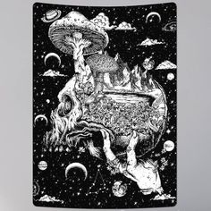 a black and white poster with an image of mushrooms on it