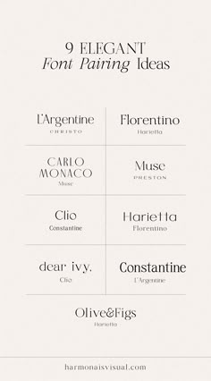 Elegant Font Pairing Ideas by Harmonais Visual Minimalist Font Combinations, Business Fonts Logos, Sleek Logo Design Inspiration, Canva Font Pairings For Logo, Fonts For Logos Branding, Minimal Logo Design Inspiration Branding, Minimalist Font Pairings, Font Layout Design, Modern Fonts Minimalist