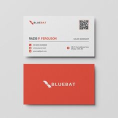 a red and white business card with the word bluebat on it's side