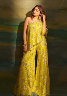 Gopi Vaid | Yellow One Shoulder Top And Pants | INDIASPOPUP.COM Diwali Edit, Drape Lehenga, Tailored Outfits, Indo Western Outfits For Women, Gopi Vaid, Choli Design, Insta Model, Mehendi Outfit