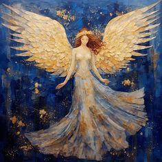 a painting of an angel with gold wings on a blue and white background, surrounded by stars