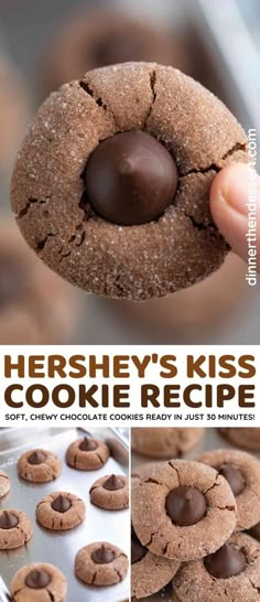 the recipe for hershey's kiss cookie recipe is shown in three different pictures