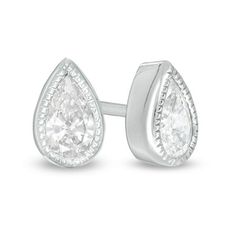 Perfectly petite, these vintage-inspired diamond stud earrings are an adorable look she'll never want to take off. Crafted in cool 10K white gold, each anytime earring showcases a sparkling 1/5 ct. pear-shaped diamond solitaire in an intricate milgrain-lined bezel setting. Captivating with 3/8 ct. t.w. of diamonds and a bright polished shine, these post earrings secure comfortably with friction backs. Classic Pear-shaped White Gold Diamond Earrings, Classic White Diamond Earrings With Rose Cut, Classic Teardrop Diamond Earrings For Anniversary, Classic Pear-shaped Sterling Silver Diamond Earrings, Classic Rose Cut Diamond Earrings For Anniversary, Classic Pear Shaped Diamond Earrings, Classic Diamond Earrings With Rose Cut For Anniversary, Timeless Pear-shaped Diamond Earrings For Anniversary, Classic Pear-shaped Diamond Earrings