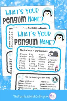 two penguins and their names are shown in this printable penguin name game