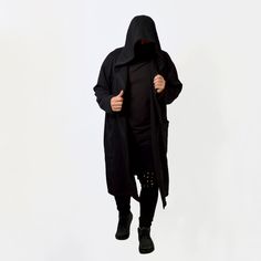 Very cool and comfortable unisex long hooded oversized coat with full zipper. Nice dense french terry fabric makes it cozy. It goes well with streetwear, gothic, punk, cyberpunk, militari, ninja, post-apocalyptic, jedi or sith styles, as easily as it fits in everyday wear. IMPORTANT! We can make a warmer version of the fabric with a fleece inside. If you want one, write to us. * 70% Cotton/ 30% Polyester. * Oversize. * Air-jet spun yarn with a soft feel and reduced pilling. * Strong overlock sea Oversized Hooded Parka For Streetwear, Oversized Parka With Drawstring Hood For Streetwear, Oversized Cotton Parka Long Coat, Oversized Hooded Parka With Drawstring Hood, Oversized Techwear Hooded Jacket With Double-lined Hood, Oversized Outerwear With Adjustable Hood For Loungewear, Oversized Black Sweater Coat For Loungewear, Oversized Hooded Jacket With Adjustable Hood For Loungewear, Oversized Cotton Techwear Outerwear