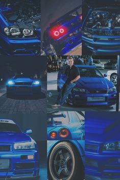 a man sitting on the hood of a blue car