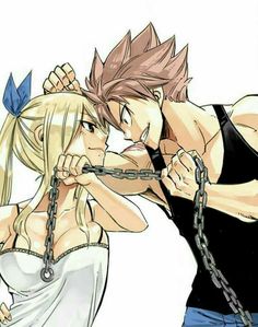 two anime characters with chains around their necks, one holding the other's neck