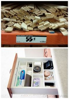 the drawers are filled with different types of items and numbers to make it look like they were made out of wood planks