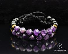 "Natural Amethyst & Black Onyx Beads Macrame Double Row Adjustable Bracelet Macrame Gift For Girlfriend Gift For Mom Mom Gift Idea -ALL THE PRODUCTS AT ELISAJEWELRYART ARE HANDMADE AND MADE WITH NATURAL BEADS. -WHAT DOES THE AMETHYST STAND FOR The name amethyst translates in Greek to, \"not drunken.\" An ancient Greek myth explains this seemingly odd name. According to the myth, the god Bacchus was angry, and had vowed to descend a hoard of tigers upon the first person who crossed his path. Amet Adjustable Amethyst Beaded Bracelet, Adjustable Hand-strung Amethyst Beaded Bracelets, Adjustable Purple Bracelet With Black Beads, Adjustable Purple Bracelets With Black Beads, Adjustable Black Amethyst Jewelry, Black Adjustable Hand Wrapped Crystal Bracelet, Black Beaded Amethyst Jewelry, Adjustable Black Amethyst Beaded Bracelets, Bohemian Black Braided Bracelet With 8mm Beads