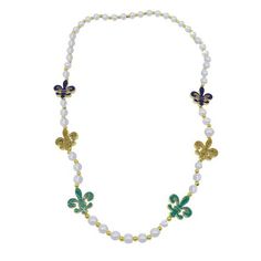 40" Purple, Green And Gold Glitter Fleur De Lis Pearl Necklace. Great colorful accessory for Mardi Gras parade, celebration, holiday party, party favors and more. Buy mardi gras themed fleur de lis and pearls necklace in bulk with extra discount at wholesale prices! Green Jewelry For Mardi Gras Party, Mardi Gras Parade, Holiday Party Favors, Colorful Accessories, Pearls Necklace, Party Party, Purple Green, Mardi Gras, Holiday Party