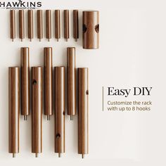 six wooden dowels with holes in them and the words easy diy written below