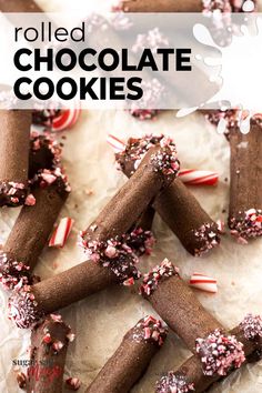 homemade rolled chocolate cookies with sprinkles and candy canes