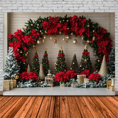 a christmas scene with poinsettis, trees and presents on a wooden floor