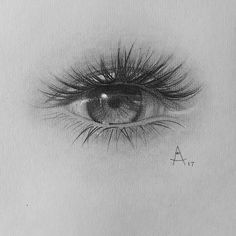 a pencil drawing of an eye with long lashes on the bottom and one eye closed