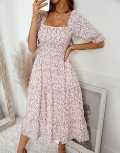 Square Collar Print Dresses for Women Casual Summer Half Sleeve Clong Chiffon Floral Beach Dress Wrap Sundress Fitted Knee-length Chiffon Dress For Beach, Summer Vacation Midi-length Chiffon Dress, Summer Vacation Midi Chiffon Dress, Casual Pink Maxi Dress With Square Neck, Pink Square Neck Casual Maxi Dress, Casual Pink Square Neck Maxi Dress, Beach Floral Print Fitted Chiffon Dress, Beach Fitted Floral Print Chiffon Dress, Fitted Floral Print Chiffon Dress For Beach