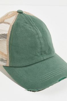 So classic baseball hat featured in a distressed design with a worn-in washed look and a mesh, trucker-style back. * Adjustable fit * Ripped detailing | Saltwater Washed Trucker Hat by FP Movement at Free People, Jungle Casual Mesh Back Baseball Cap, Casual Mesh Baseball Cap For Spring, Trendy Distressed Visor Baseball Cap, Casual Summer Baseball Cap With Mesh Back, Distressed Curved Bill Hat For Baseball Season, Casual Mesh Baseball Cap, Casual Green Mesh Baseball Cap, Distressed Trucker Hat With Curved Brim, Green Distressed Cap