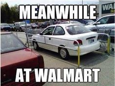 a white car parked in front of a parking meter with the words meanwhite at walmart 3