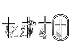 the word love is written in black and white with flowers on it, next to a cross