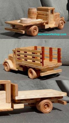 the wooden toy truck is made out of wood and has three different parts to make it look