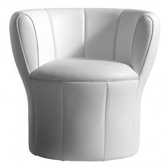 a white chair that is sitting in front of a white wall and it's upholstered