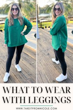 Black leggings outfit ideas - cute comfy outfits plus leggings work outfit ideas. how to style black leggings. tops to wear with leggings. what to wear with black leggings. leggings outfit winter. leggings outfit spring. long sleeve tunic top. . Leggings work outfit. Business casual outfit. tunic sweater. Kelly green sweater. side zip sweater. amazon outfit idea Styling Colored Leggings, What To Wear With Black Leggings Winter, How To Style Leggings Winter, Black Leggings Outfit Spring, Outfits To Wear With Leggings, Casual Outfits With Leggings, Green Leggings Outfit, Work Outfit Business Casual, Outfit Tunic