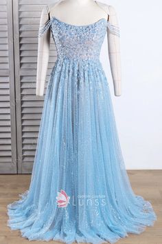 sparkly baby blue petals sequin tulle a line formal dress Blue Tulle Ball Gown With Sequins, Blue Sequined Tulle Ball Gown, Blue Sequined Evening Dress For Debutante Ball, Light Blue Embellished Gown For Prom, Light Blue Sequined Prom Evening Dress, Blue Glitter Tulle Ball Gown For Prom, Blue Glitter Tulle Gown For Wedding, Elegant Blue Gown In Glitter Tulle, Blue Sequined Ball Gown For Debutante Ball