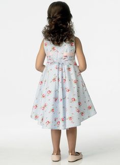 "Butterick Pattern B6013 Dress has bodice with raised waist, tie ends, flared skirt, back zipper and very narrow hem. A, B: Sleeveless, lined, ruffles attached to lining for petticoat and hi-low hem. A: Button holes for purchased ribbon belt. B: Peter pan collar and purchased trim. C: Wrong side shows on flutter sleeves. D: Bias binding for short puff sleeves. C, D: Lined bodice and two tiered skirt. Designed for Lightweight Woven Fabrics. FABRICS: Linen, Broadcloth, Dotted Swiss, Satins. Unsuit Fitted A-line Dress With Bow, Party Dress With Princess Seams And Sleeveless Design, Sleeveless Party Dress With Princess Seams, Summer Dress With Bow And Fitted Bodice, Spring Party Dresses With Princess Seams, Summer A-line Dress With Princess Seams, Spring Fit And Flare Dress With Tie Back, A-line Dresses With Princess Seams For Summer, Fitted A-line Dress With Tie Back