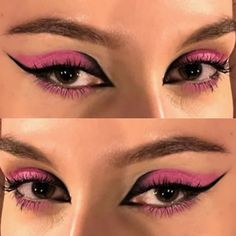 Pink makeup, pink eyeshadow, ombretto rosa, graphic eyeliner Pink Shirt Makeup Ideas, Pink Makeup Looks Eyeliner, Pink Makeup Looks Alternative, Pink Punk Eye Makeup, Pink Graphic Makeup Looks, Pink Edgy Makeup, Pink Emo Makeup Looks, Punk Pink Makeup, Pink Grafic Eyeliner