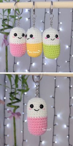 Crocheted pill keychains with cute faces. Micro Crochet Keychain, Best Selling Amigurumi, Medical Crochet Pattern Free, Crochet Project Ideas To Sell, Crochet Plush Keychain, Acrylic Yarn Projects, Mini Crochet Keychain, Crochet Keychain Free Pattern, Crocheted Keychains