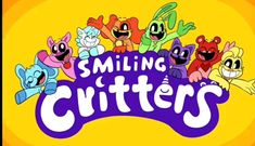 the logo for smiling cutters, with cartoon characters in front of it on a yellow background