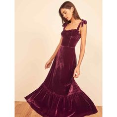 New Reformation Plum Purple Antoinette Romantic Midi Velvet Ruffle Tie Dress Size: 12 (Fits Large) Color: Plum Bust: 40-46in Waist: 34in Hip: 50in Length: Approx. 54in Romance Alert. The Antoinette Is Fitted In The Bodice With A Relaxed Fitting Skirt. This Dress Has A Ruffle Edged Neckline, Adjustable Strap Ties, And A Trumpet Skirt. It Gives You A Little Bit Of Comfort And Shape All In One. Adjustable Straps Ruffle Edged Bodice Seam Details At The Bust Strapless Bra Friendly Tie Straps Unlined Fall Romance, Velvet Holiday Dress, Antoinette Dress, Winter Wedding Guest, Plum Dress, Velvet Midi Dress, Velvet Dresses, Silky Dress, Fall Clothing