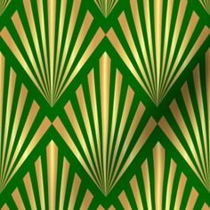 green and gold art deco wallpaper with fan shaped design on the front, back and sides