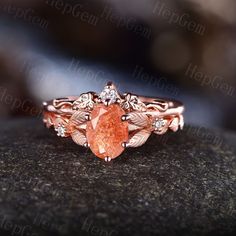 Oval Orange Sunstone Ring Set,Vintage Sunstone Engagement Ring,Rose Gold Bridal Ring,Natural Inspired Anniversary Ring,Art Floral Gift Ring Specifications: ►Sold As a Single Orange Sunstone Engagement Ring Set(This purchase includes 2 PCS Ring.) Engagement Ring ►Material: Available in Silver & Solid 10K/ 14K/ 18k Rose/Yellow,/White,Gold ►Center stone: Oval Cut [8x6mm] Orange Sunstone. 1.5Carat.(Approx.) ►For Solid Gold Ring:Accented with Natural SI/H Natural Diamond & Moissanite(E-F color, VVS c Sunset Ring Set, Orange Topaz Engagement Ring, Sun Stone Engagement Ring, Sunstone Wedding Ring, Orange Wedding Rings, Orange Wedding Ring, Orange Engagement Ring, Amber Engagement Ring, Orange Rings