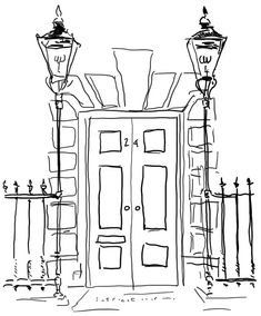 a black and white drawing of a door in front of a light pole with two street lamps