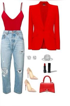 Cropped Blazer Jeans Outfit, Red Brunch Outfit, Red Blazer Outfit Night, Red Body Suit Outfit, Red Bodysuit Outfit Jeans, Red Blazer Outfit Classy, Red Pumps Outfit, Red Bodysuit Outfit, Red Outfit Ideas