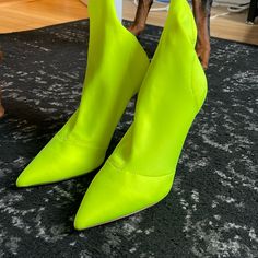 Highlighter Yellow, Never Worn Yellow Fitted Boots With Round Toe, High-top Yellow Boots For Spring, Yellow Ankle-high Spring Boots, Yellow Ankle Boots For Spring, Yellow Fitted Casual Boots, Casual Yellow Heels For Fall, Casual Yellow Heels With Pointed Toe, Yellow High Ankle Boots For Spring, Casual Yellow Pointed Toe Heels