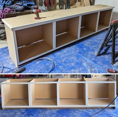 two pictures side by side with the same furniture being built and one has been painted