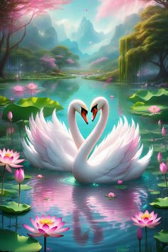 a white swan floating on top of a lake surrounded by lily pads and pink flowers