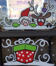 two christmas signs with reindeers and presents on them