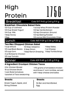 the ingredients for high protein breakfast are shown in black and white, as well as text