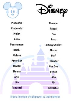 the disney character list is shown in purple and blue, with an image of mickey mouse