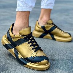 Hand-Painted Customized Sneakers for Men by Apollo Moda | Genova Gold & Black Gold Sneakers, Black 13, La Pointe, Custom Sneakers, Black 7, Lisbon, Gold Black, Black Stripes, Luxury Design