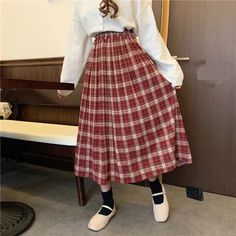 Elastic Waist Solid Plaid Pleated Long Skirts – Nada Outfit Land Winter Cotton School Skirt, Winter School Cotton Skirt, Red Cotton Skirt For Winter, Winter Cotton Plaid Skirt, Winter Plaid Cotton Skirt, Skirts Collection, Long Skirt Winter, Oc Fashion, Long Plaid Skirt