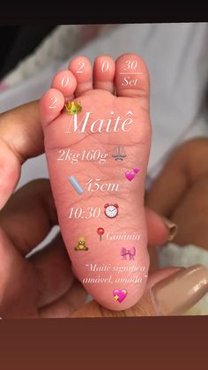 a baby's foot with the birth date written on it, and other numbers