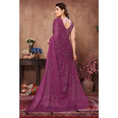 Purple colored saree is made from georgette rangoli silk (Poly Silk) fabric which is highlighted with beautiful mukaish & foil printed work with tassels border as shown. comes along unstitched banglori silk blouse piece which you can customise as per your design/style. Occasion - You can buy this saree for party and functions. Note:- The actual product may differ slightly in color and design from the one illustrated in the images when compared with computer or mobile screen. Measurements: Saree Purple Saree With Embroidered Border For Diwali, Purple Saree With Embroidered Border For Festivals, Pink Pre-draped Saree With Embroidered Border In Georgette, Pink Pre-draped Georgette Saree With Embroidered Border, Purple Self Design Georgette Saree, Purple Georgette Saree With Self Design, Unstitched Purple Georgette Saree, Eid Purple Pre-draped Georgette Saree, Purple Saree With Printed Border For Diwali