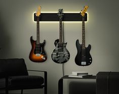 three electric guitars are hanging on the wall