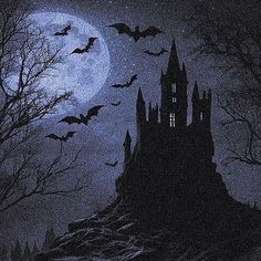 a castle with bats flying over it at night